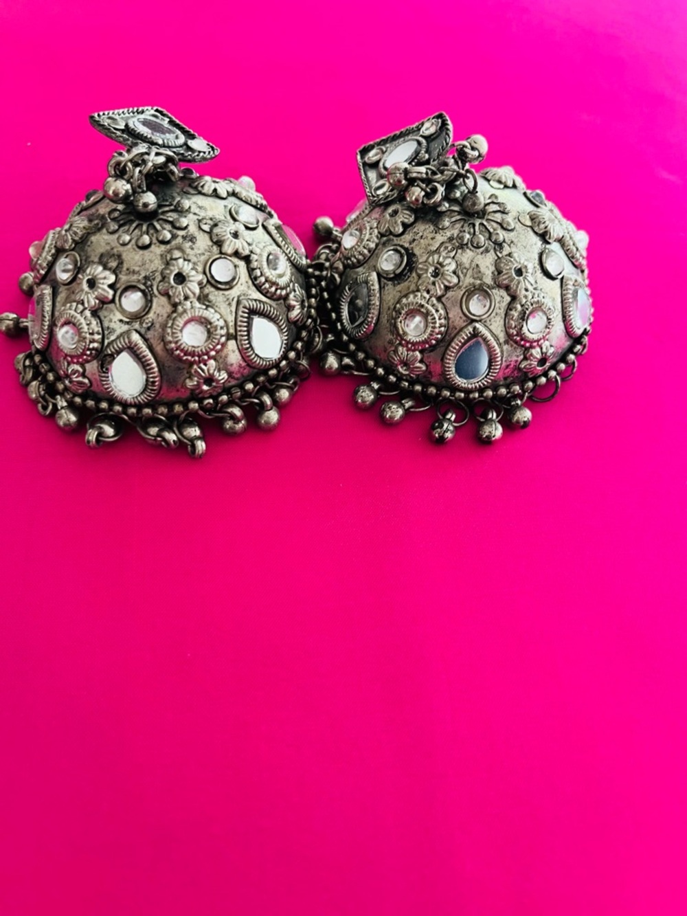Fabulous exquisite large Antique-Style Jhumka Earrings - w Mirror Accents